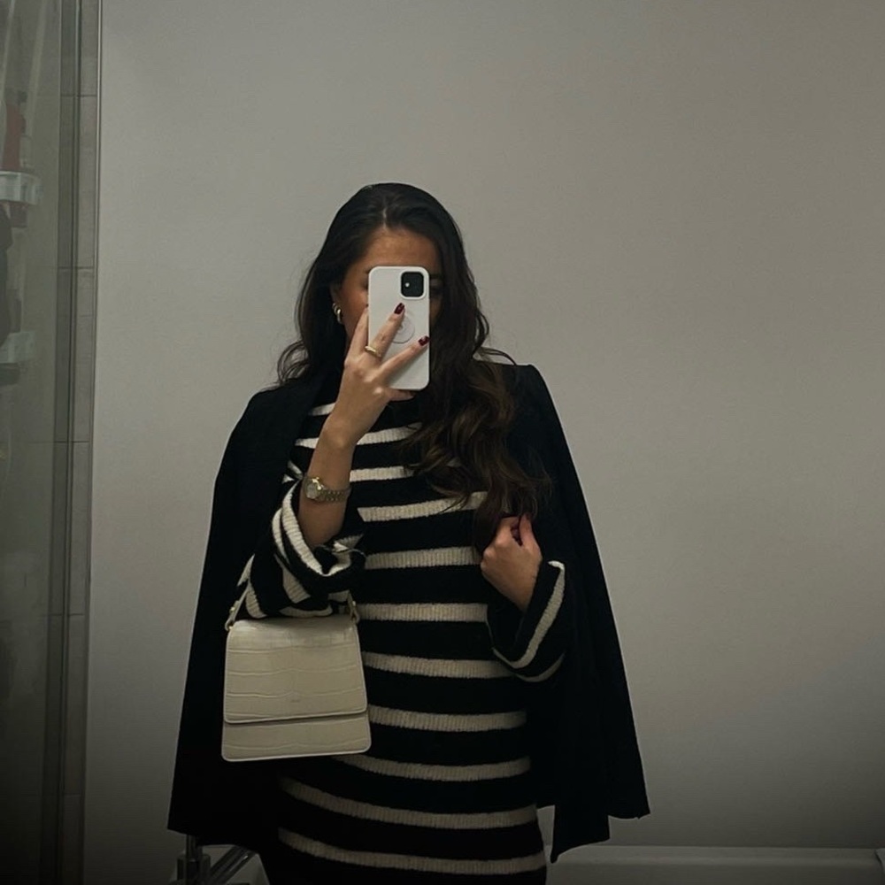 Black and White Striped Crewneck Sweater mini dress